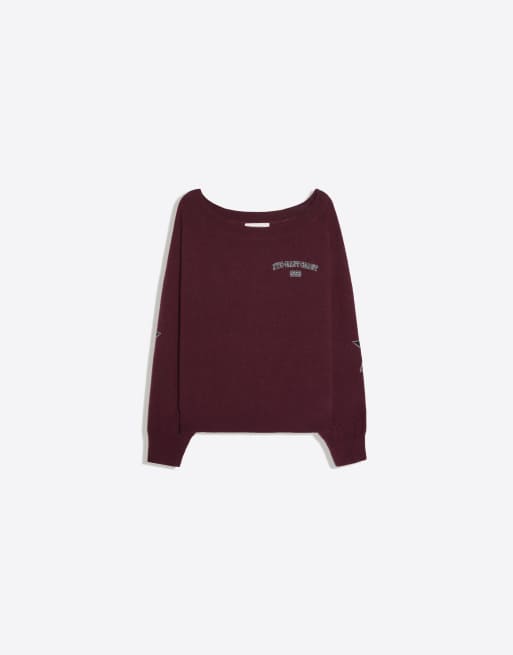 Bershka - Maglione bordeaux con scollo a barchetta e grafica, 4 di 4
