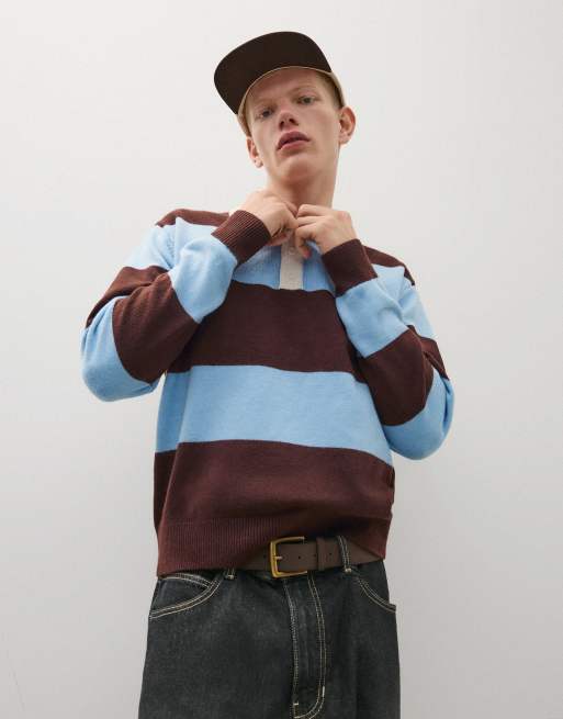 Bershka maglione con colletto polo a righe a contrasto marrone, 2 di 5