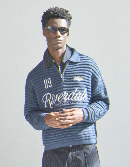 Bershka maglione con colletto polo stampato blu, 2 di 5