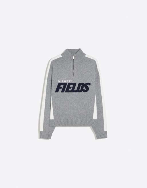 Bershka maglione con zip e stampa grafica grigio, 5 di 6