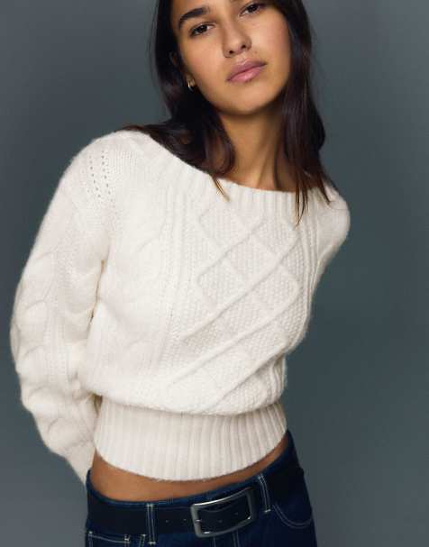 Bershka - Maglione écru a trecce con scollo a barchetta - view 1