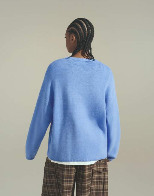 Bershka maglione girocollo ricamato blu denim, 3 di 5