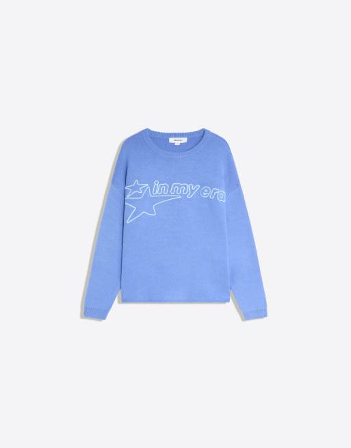 Bershka maglione girocollo ricamato blu denim, 5 di 5