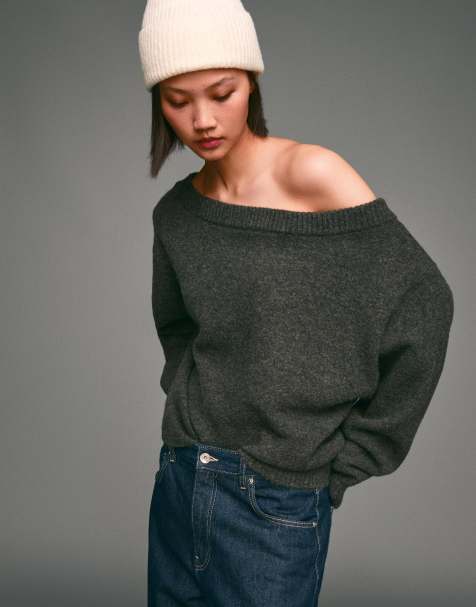 Bershka - Maglione grigio a coste con scollo Bardot - view 1