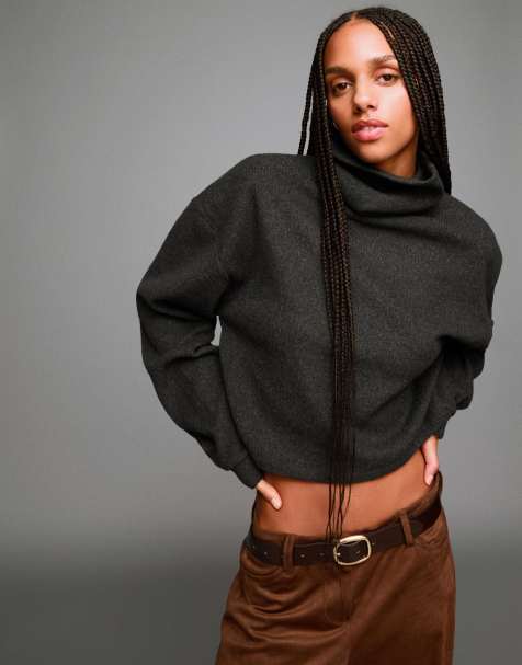 Bershka - Maglione grigio accollato a coste - view 1