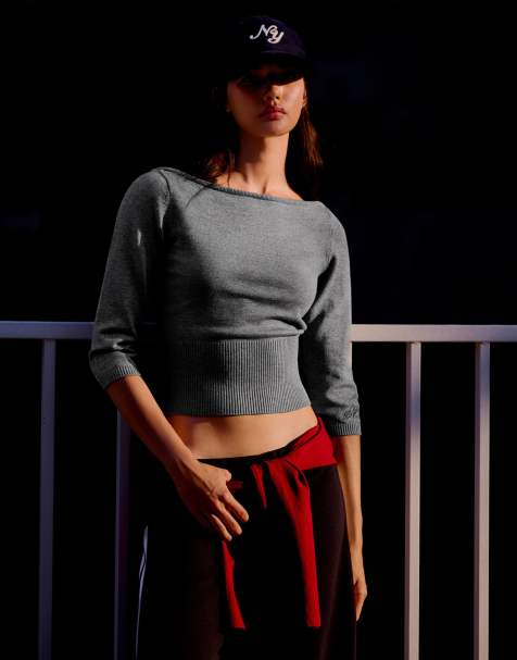 Bershka - Maglione grigio con scollo a barchetta - view 1