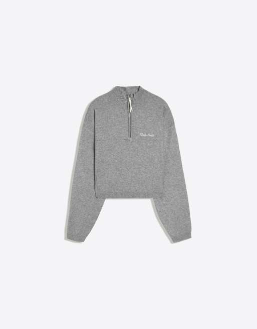 Bershka - Maglione grigio con zip e ricamo, 5 di 5