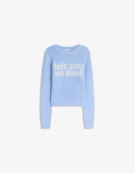 Bershka - Maglione lavorato blu denim con stampa, 2 di 4