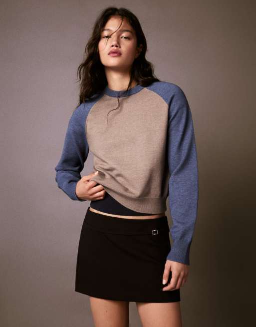 Bershka - Maglione marrone con scollo rotondo e maniche raglan, 2 di 5