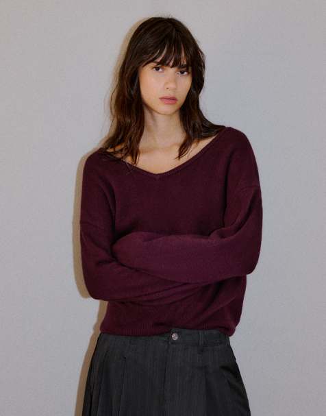 Bershka maglione oversize con scollo a V bordeaux - view 1