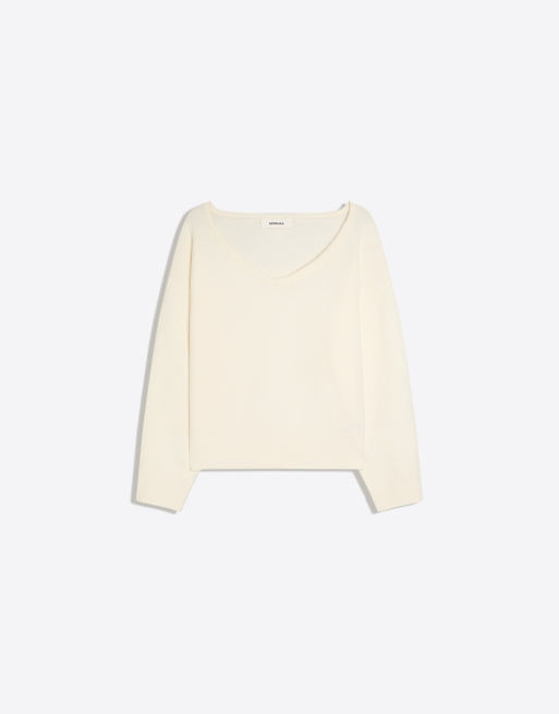 Bershka maglione oversize con scollo a V in ecru, 5 di 5