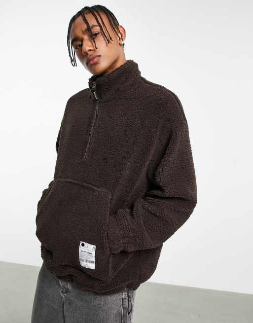Bershka - Maglione oversize con zip corta in pile borg marrone