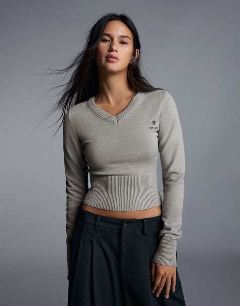 Bershka maglione ricamato con scollo a V grigio - view 1