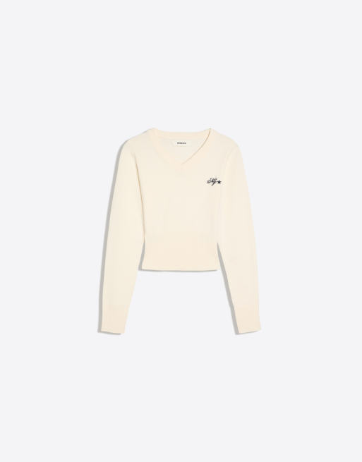 Bershka maglione ricamato con scollo a V in ecru, 5 di 5