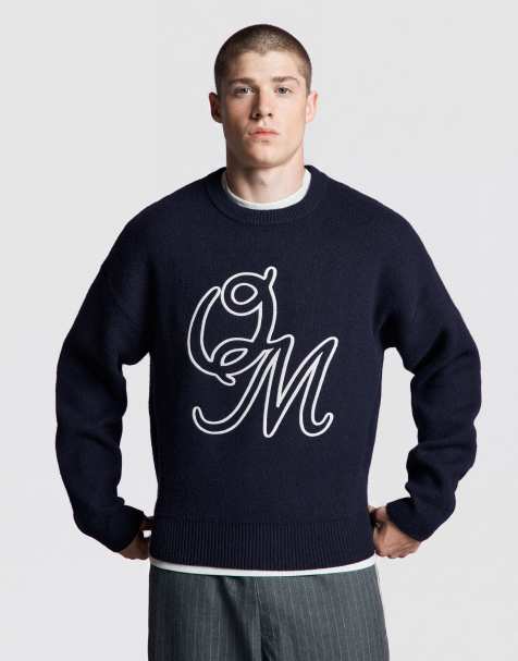 Bershka maglione ricamato girocollo blu - view 1