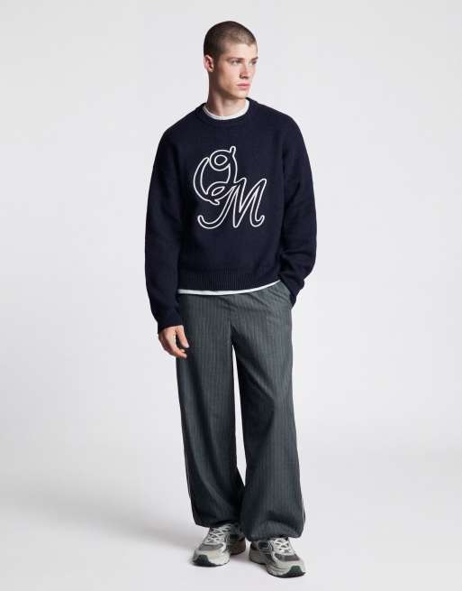 Bershka maglione ricamato girocollo blu, 4 di 5