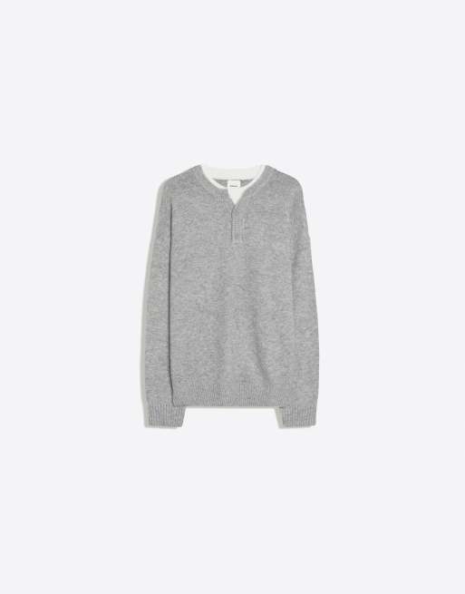 Bershka maglione serafino a contrasto in maglia grigio chiaro, 6 di 7