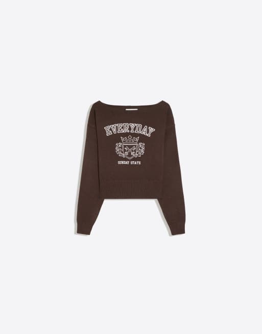 Bershka maglione stampato con scollo asimmetrico marrone, 5 di 5