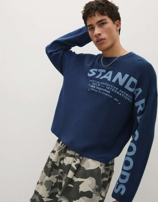 Bershka maglione stampato testurizzato blu navy, 4 di 6