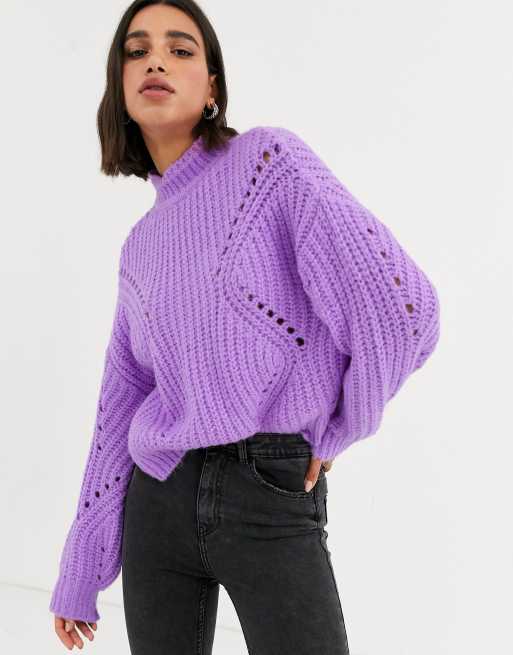 Bershka - Maglione viola traforato con collo a imbuto