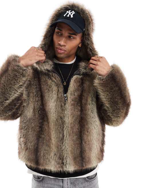 Fourrure Capuche Homme Bershka Manteau Fausse Fourrure Parka