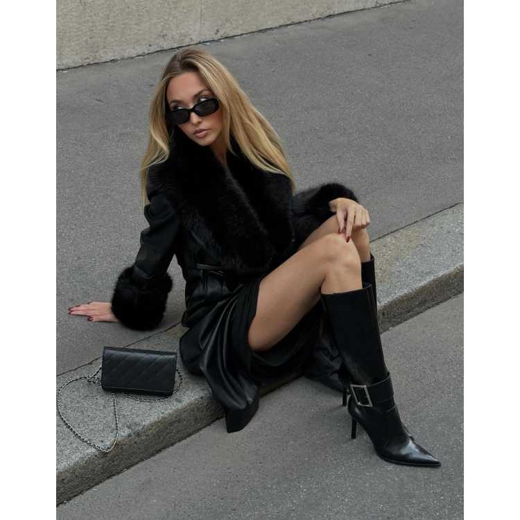 Veste Longue Bershka En Cuir Et Fausse Fourrure - Noir - Taille L - Style Cascade Biker - Occasion Très Bon état