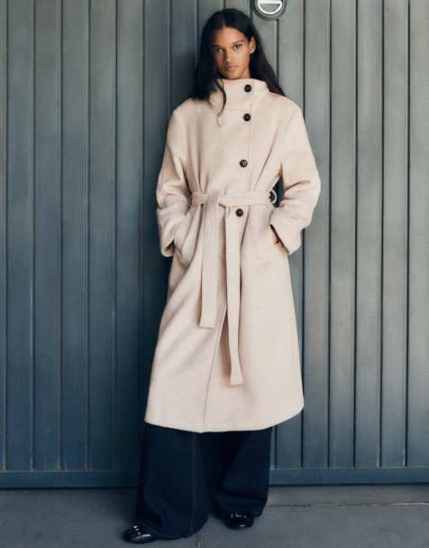 Bershka manteau long à col cheminée avec ceinture beige - view 1