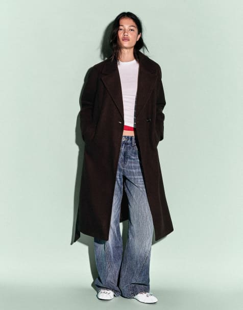 Bershka manteau long doux avec ceinture marron - view 1