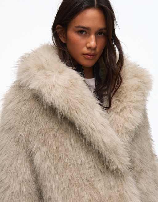 Bershka manteau long en faux-fur beige, 2 de 5