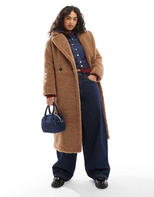 Bershka - Manteau long en imitation peau de mouton - Marron