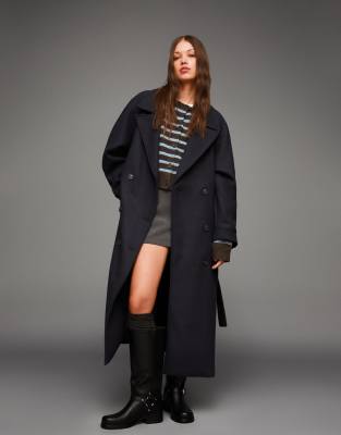 Bershka - Manteau oversize en laine mélangée avec ceinture - Bleu-Bleu marine