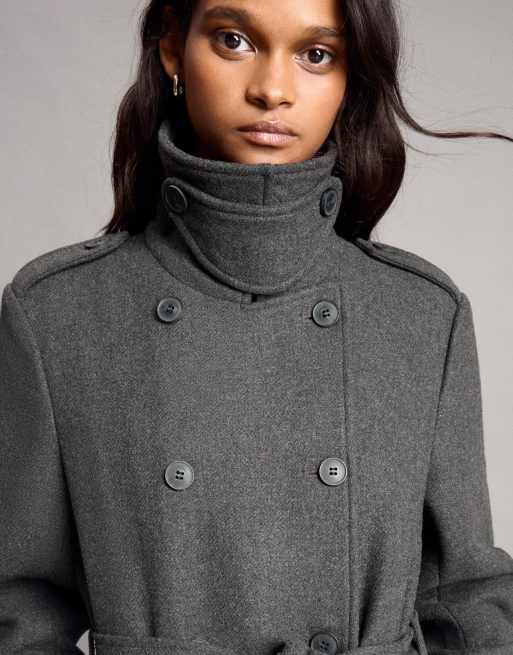 Bershka Mantel in Filzoptik mit Knöpfen in Grau, 5 von 6