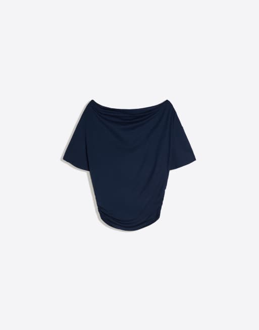 Bershka – Marinblå, asymmetrisk t-shirt med korta ärmar och tryck, 6 av 6