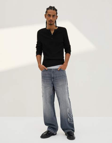 Bershka – Marinblå, baggy jeans med märke - view 1