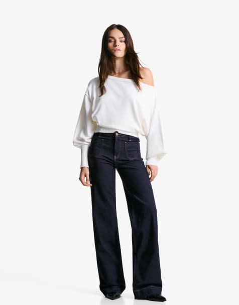 Bershka – Marinblå jeans i seamless-design med vida ben och fickor - view 1