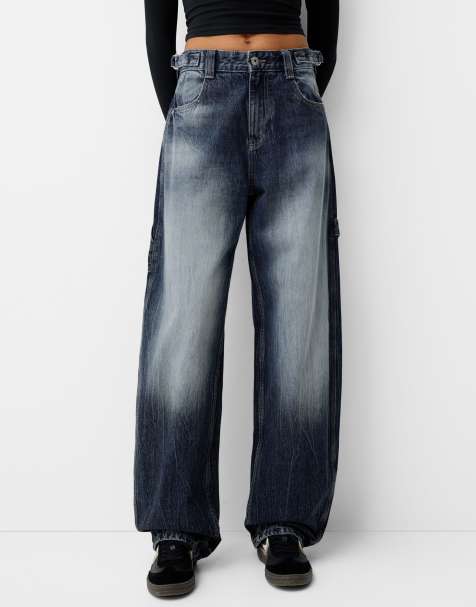 Bershka – Marinblå jeans med justerbara ballongben i snickarstil - view 1