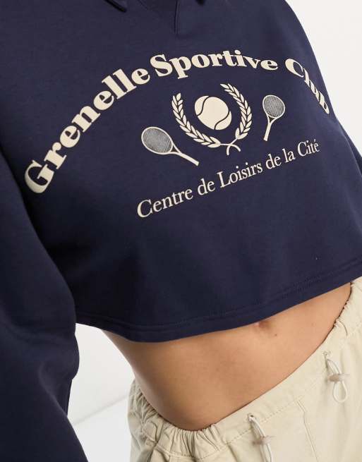 Bershka – Marinblå sweatshirt i kort design med krage och tennistryck, 2 av 4