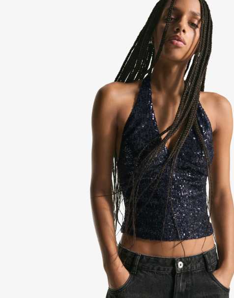 Bershka – Marinblå topp med drapering, paljetter och halterneck - view 1