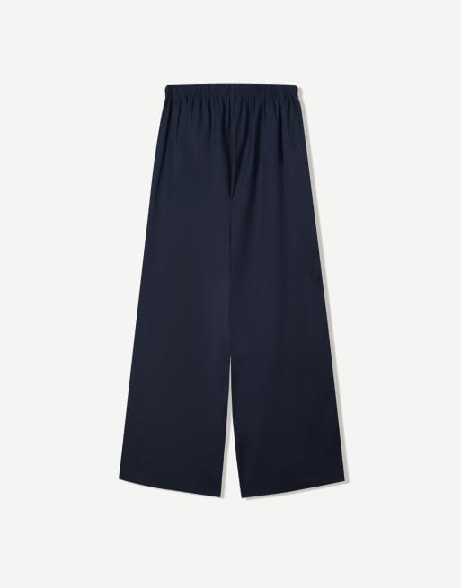 Bershka - Marineblå bukser med elastisk taljebånd i hørrigt stof, 2 af 4