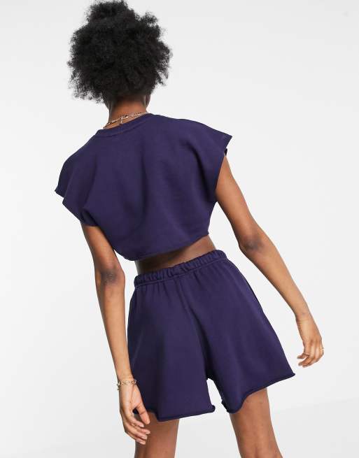 Bershka - Marineblå cropped T-shirt med Brooklyn varsity-print - Del af sæt, 2 af 4