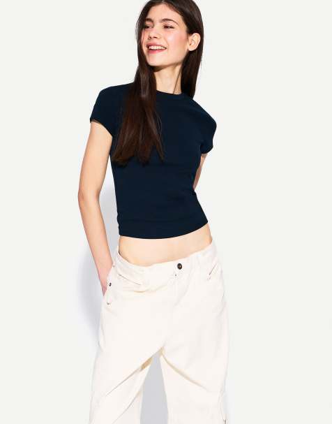 Bershka - Marineblå T-shirt med rund hals og korte ærmer - view 1