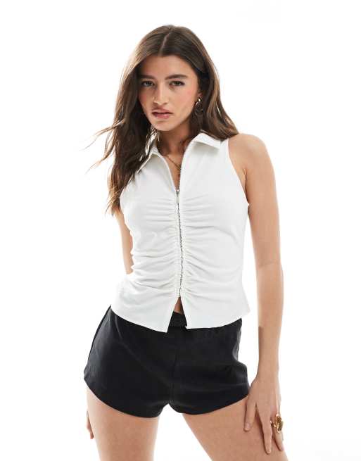 Bershka – Marszczony top z dopasowanym przodem w kolorze ecru
