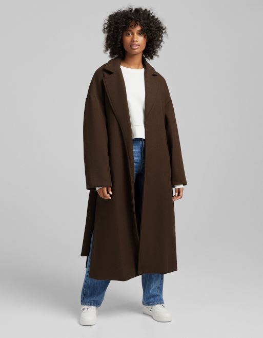 Bershka maxi belted coat in chocolate brown ASOS