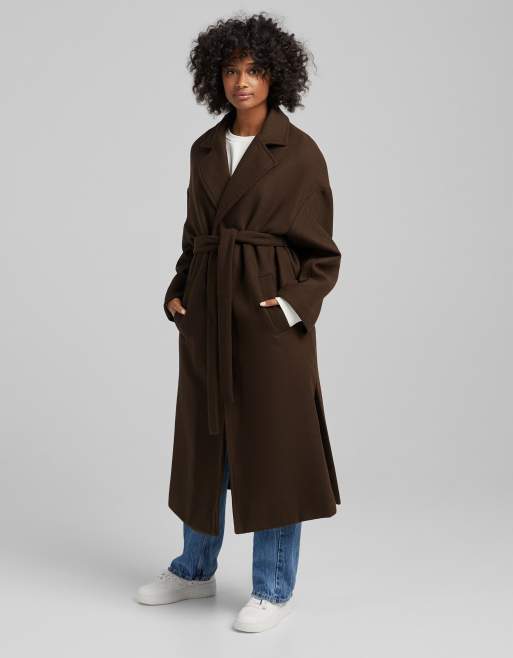 Bershka maxi belted coat in chocolate brown ASOS