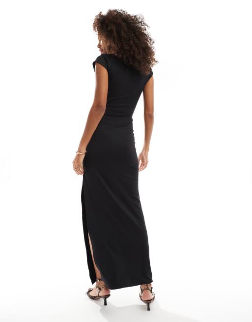 Bershka - Maxi jurk met drapering en korte mouwen in zwart, 4 van 4