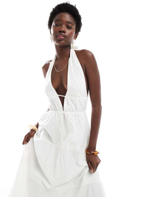 Bershka - Maxi jurk met halternek en stroken in wit, 3 van 4