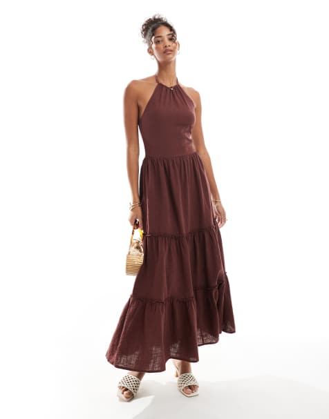 Bershka - Maxi jurk met linnenlook en halternek en stroken in bruin - view 1