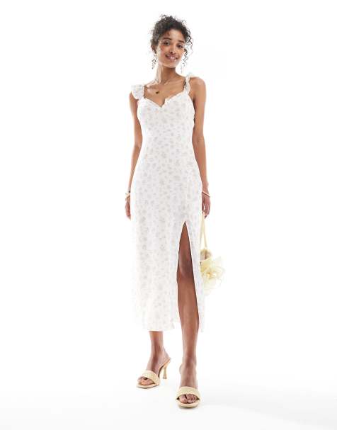 Bershka - Maxi jurk met ruches en bloemenprint in ecru en roze - view 1
