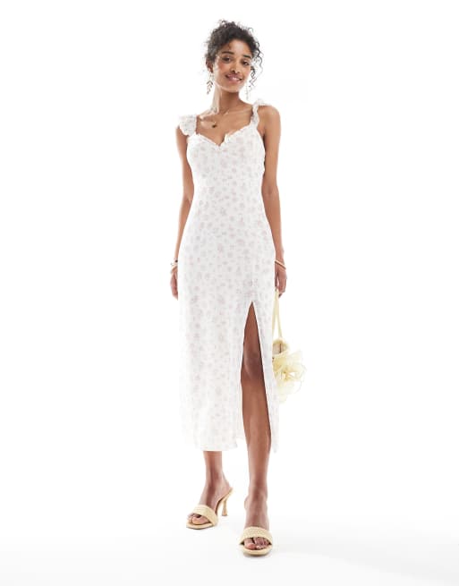 Bershka - Maxi jurk met ruches en bloemenprint in ecru en roze