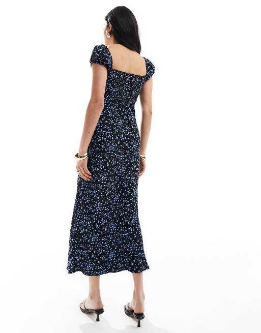 Bershka maxi milkmaid dress in blue floral print | ASOS